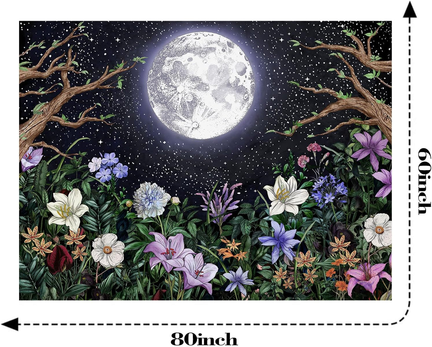 Neasow Aesthetic Moon Garden Tapestry Wall Hanging, Night Landscape with Colorful Plants Floral Tapestries for Bedroom Home Decor Multi Color 60×80 inch (150cm×200cm)