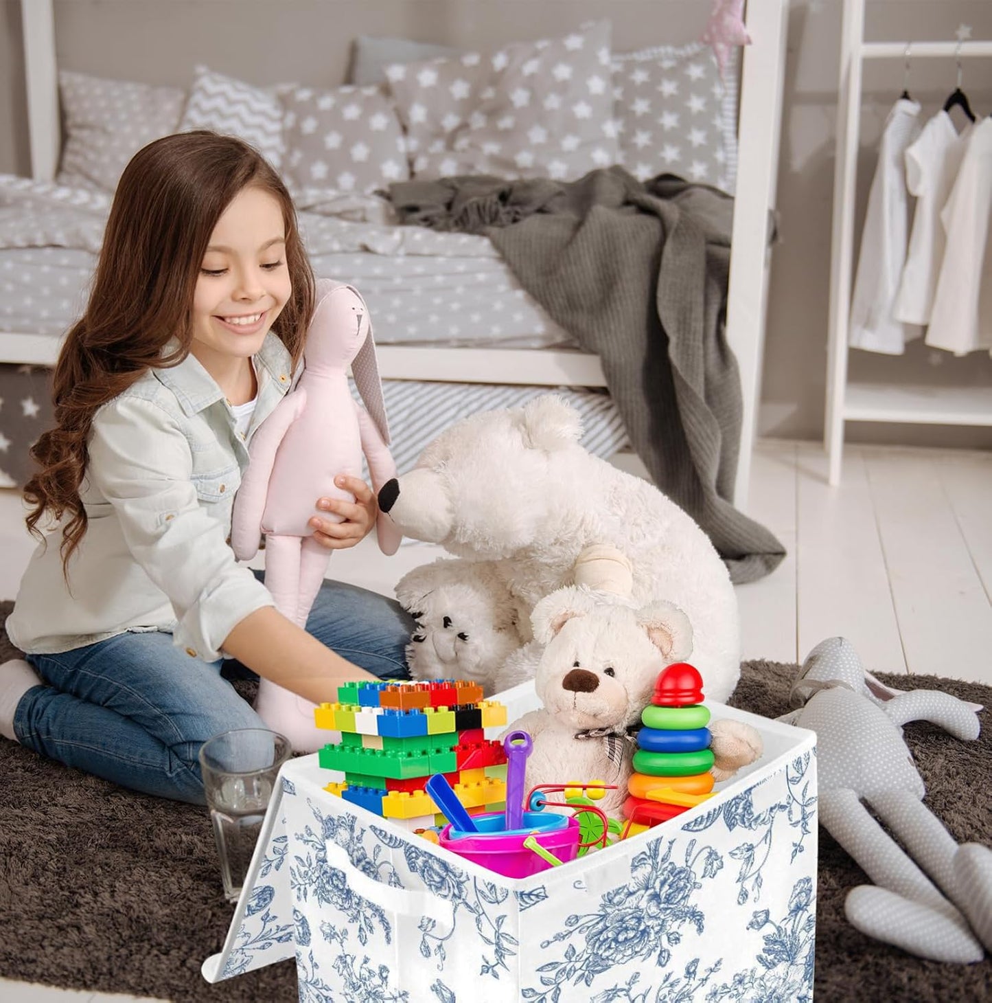 susiyo Blue Flowers Floral Storage Bin Large Collapsible Storage Box Stackable design Fabric Storage Bins with Lids Decorative Multi-Color Foldable Organizing Baskets For Closet