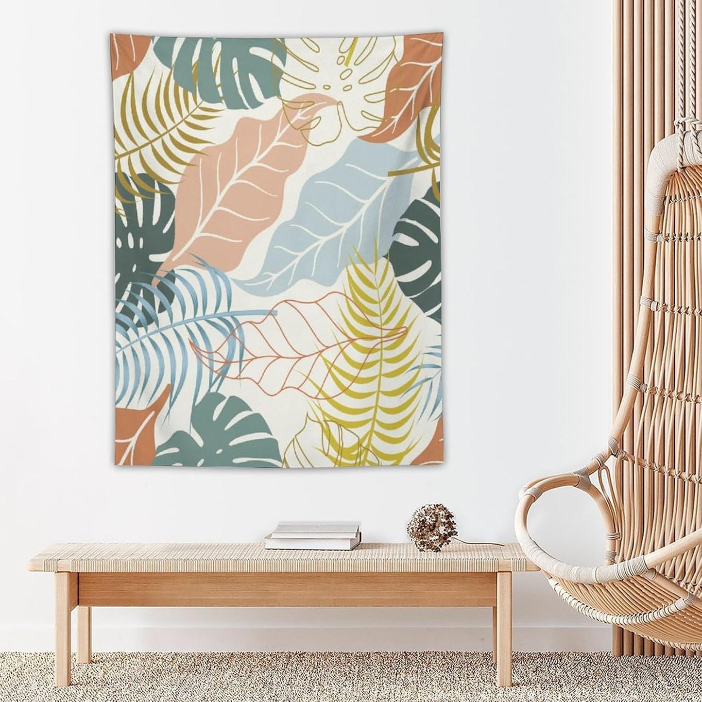 ICMOLYYENLO Boho Green Leaves Tapestry, Mid Century Abstract Tropical Palm Leaves Modern Minimalist Geometric Wall Hanging, Neutral Home Decor Art for Living Room Bedroom Dorm 30x40 Inch
