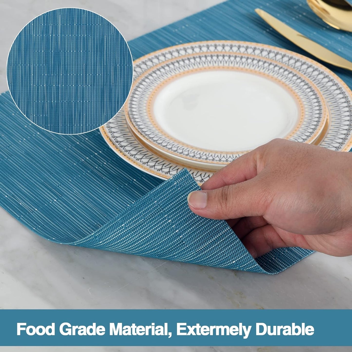 Plastic Place mats Set of 4 - Easy Clean Placemats - Washable Heat Resistant Table Mats for Dining Table - 17x12 Inch (Sky Blue Turquoise, 4)