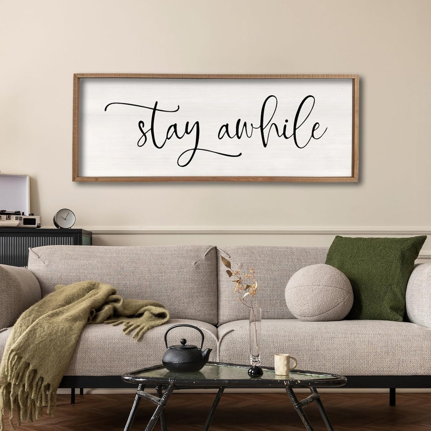 Stay Awhile Sign Wall Decor 32"X12" Large Living Room Entryway Wood Framed Rustic Wall Decor for Vintage Farmhouse Foyer Hanging Lets Stay Home Wall Art (Wood)