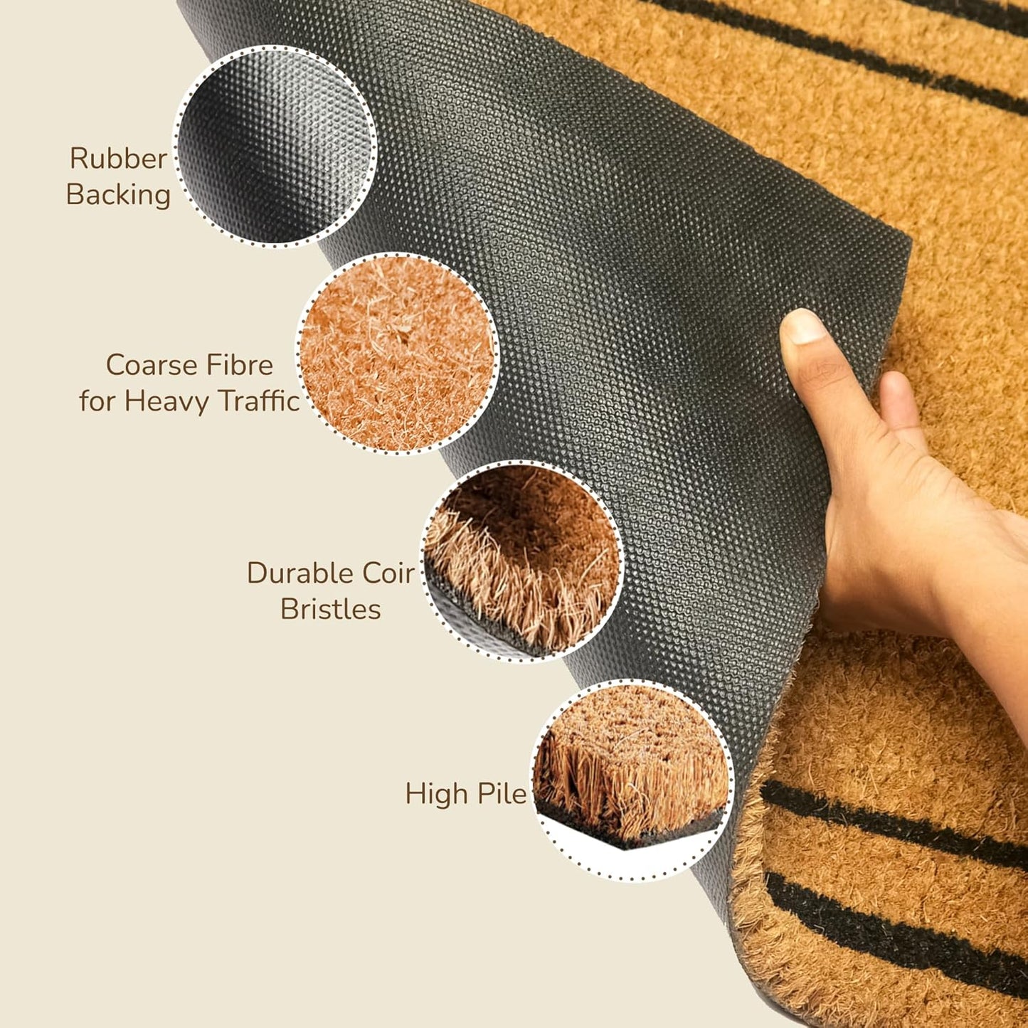 Welcome Doormats, Natural Coco Coir Mats with Non-Slip PVC Backing, Indoor Outdoor Mats for Home & Office, Floor Mats for Door Decor, Plain Entry Mat with Border, Beige & Black, 30"x17"