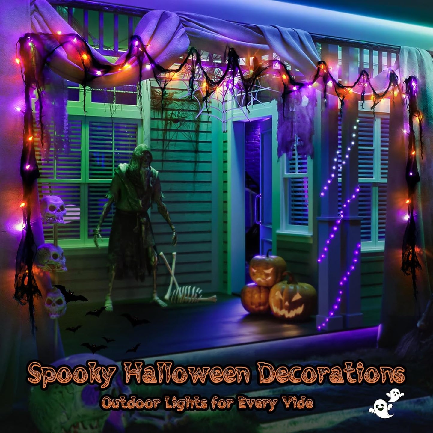 Halloween Horror Atmosphere Lights, Orange&Purple LED String Lights with 9.9FT Creepy Black Gauze, Battery Powered with Timer & 8 Flashing Modes (Orange & Purple)