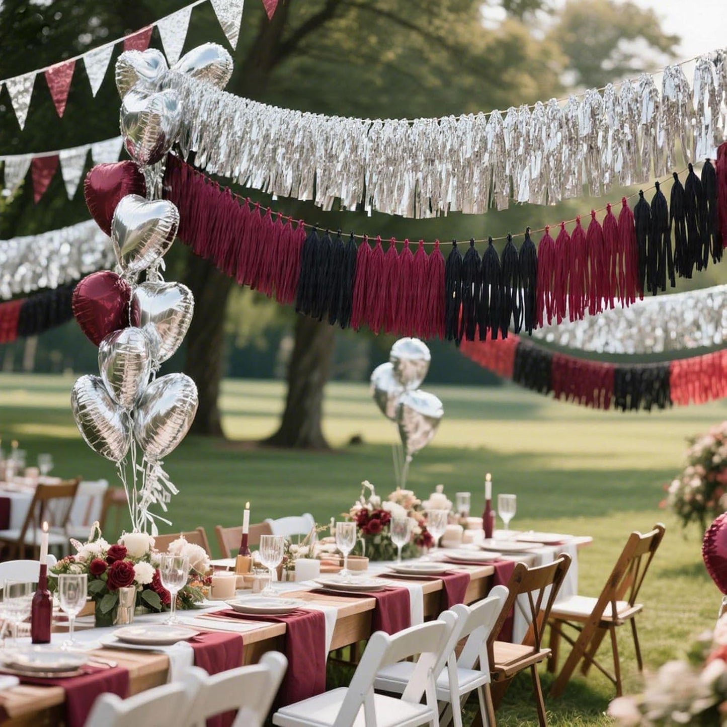 Tassel Garland Tissue Paper Tassel Banner,Tassels Party Decorations for Wedding,Birthday,Bridal/Baby Shower,Pack of 15 (Burgundy/Black/Silver)