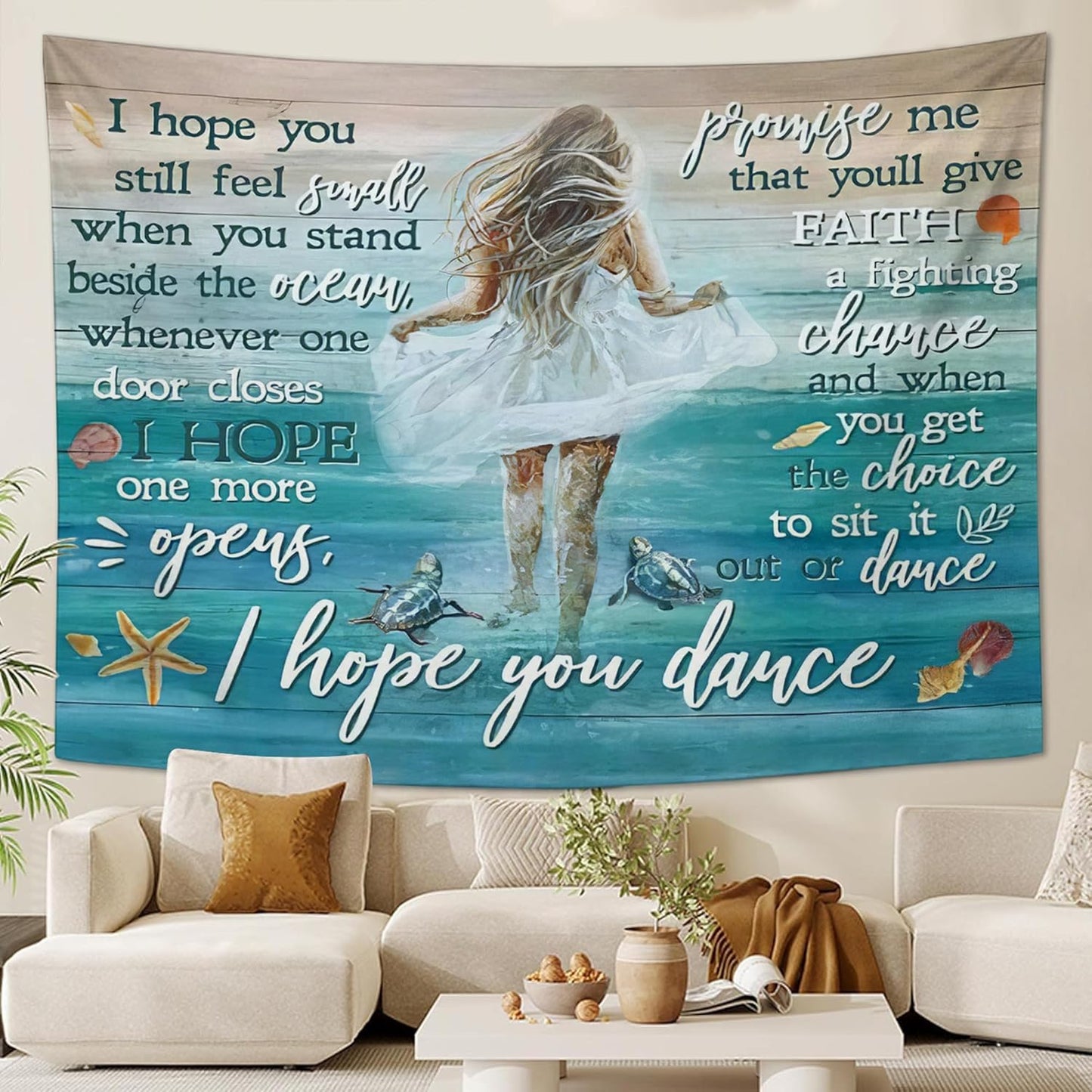 Coastal Beach Tapestry I Hope You Dance Tapestry Wall Hanging for Bedroom Sea Turtle Tapestries Aesthetic Wall Decor for Home Dorm Living Room 60"x90"