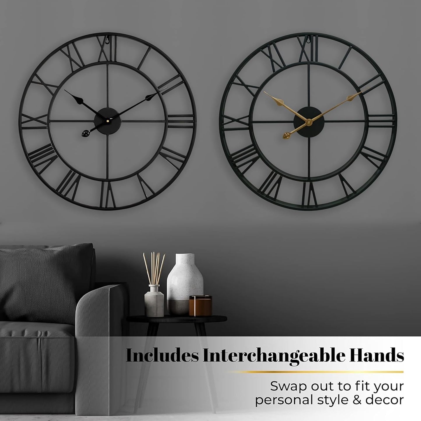 CLXEAST Silent 24 Inch Wall Clocks for Living Room Decor, Large Black Metal Roman Numeral Wall Clocks for Modern Farmhouse Home Decor,House Warming Gifts New Home