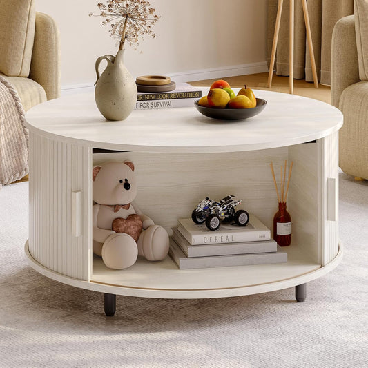Round Coffee Table with Storage, 31.5" Modern Coffee Table with 360° Curved Sliding Door, Fluted Wood Coffee Table with Adjustable Footpads, Round Center Table for Living Room, Natural White