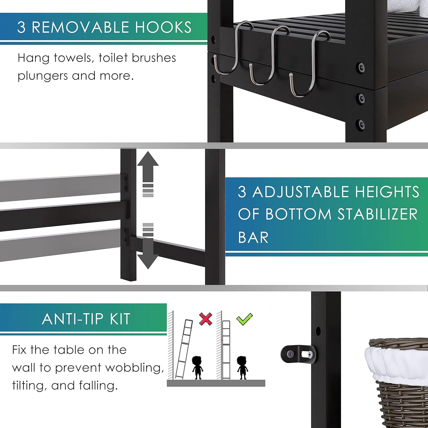 SMIBUY Bathroom Storage Shelf, Bamboo Over-The-Toilet Organizer Rack, Freestanding Toilet Space Saver with 3-Tier Adjustable Shelves (Black)