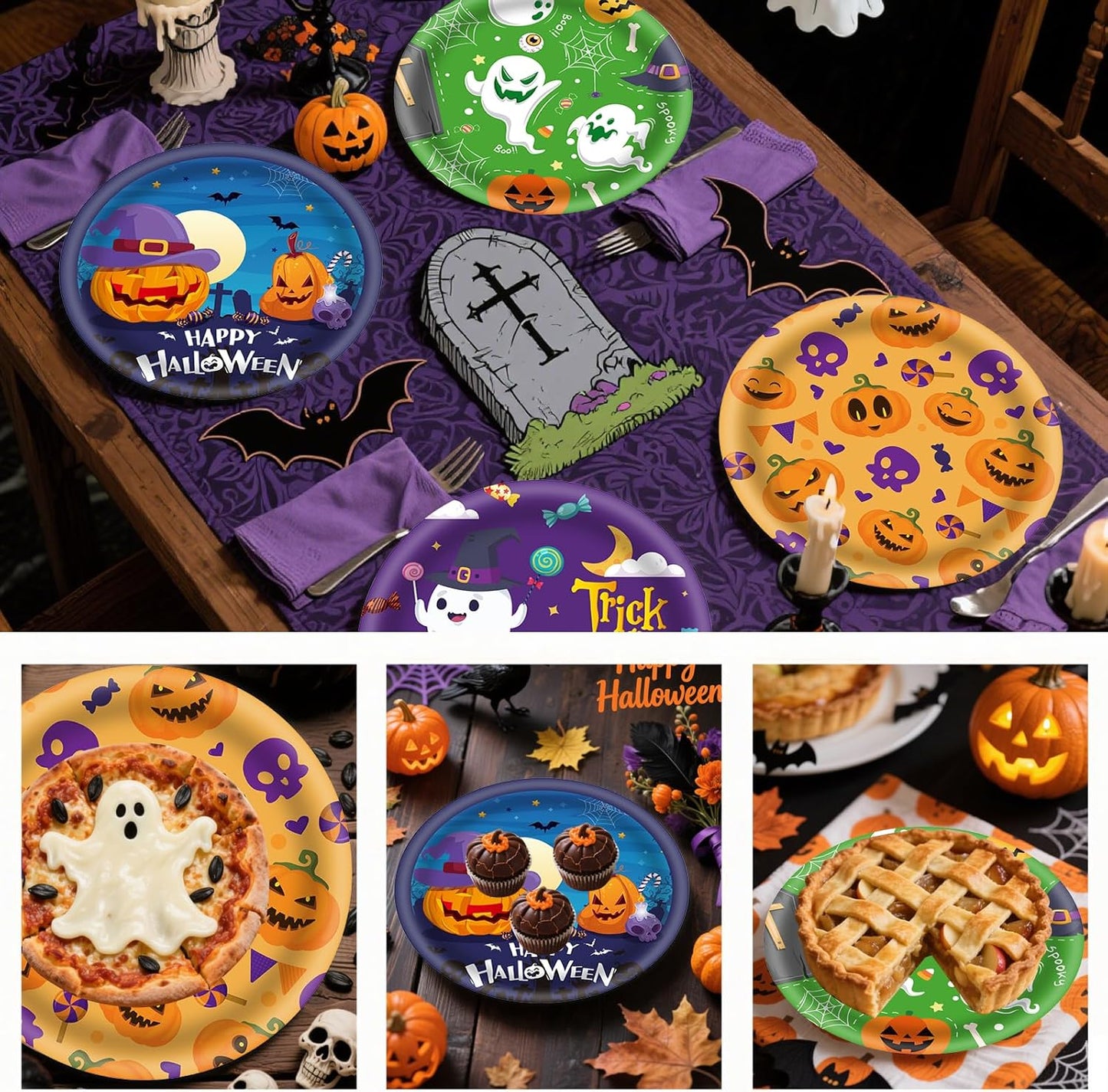 48Pcs Halloween 7inch Paper Plates - Pumpkin Ghost Spooky Dessert Plates for Cake Salad Fruit Disposable Cute Dinner Plates for Halloween Kids Trick or Treat Party Decoration, 4 Styles