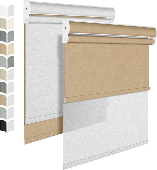 Berissa Cordless Dual Roller Shades with Cassette Valance, Blackout and Light Filtering Shades, Double Window Shades for Home Office Door. Linen Beige and White. 62 W x 36" H