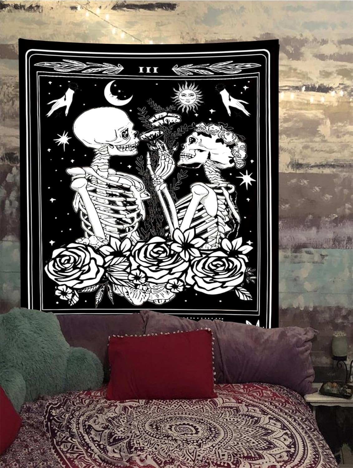 Onivein The Lovers Skull Tapestry Gothic Tapestry Vertical Black and White Skeleton Gothic Witch Sun Moon Floral Plant Snake Tapestries Wall Hanging Decor for Bedroom Dorm Room 30 x 40 Inches