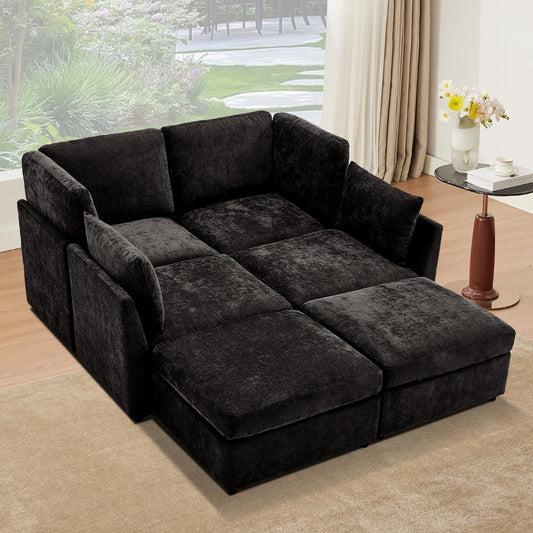 Tbfit Modular Sectional Couch, Sofa for Living Room, Chenille Cloud Couch with Ottoman 6 Seat, Black