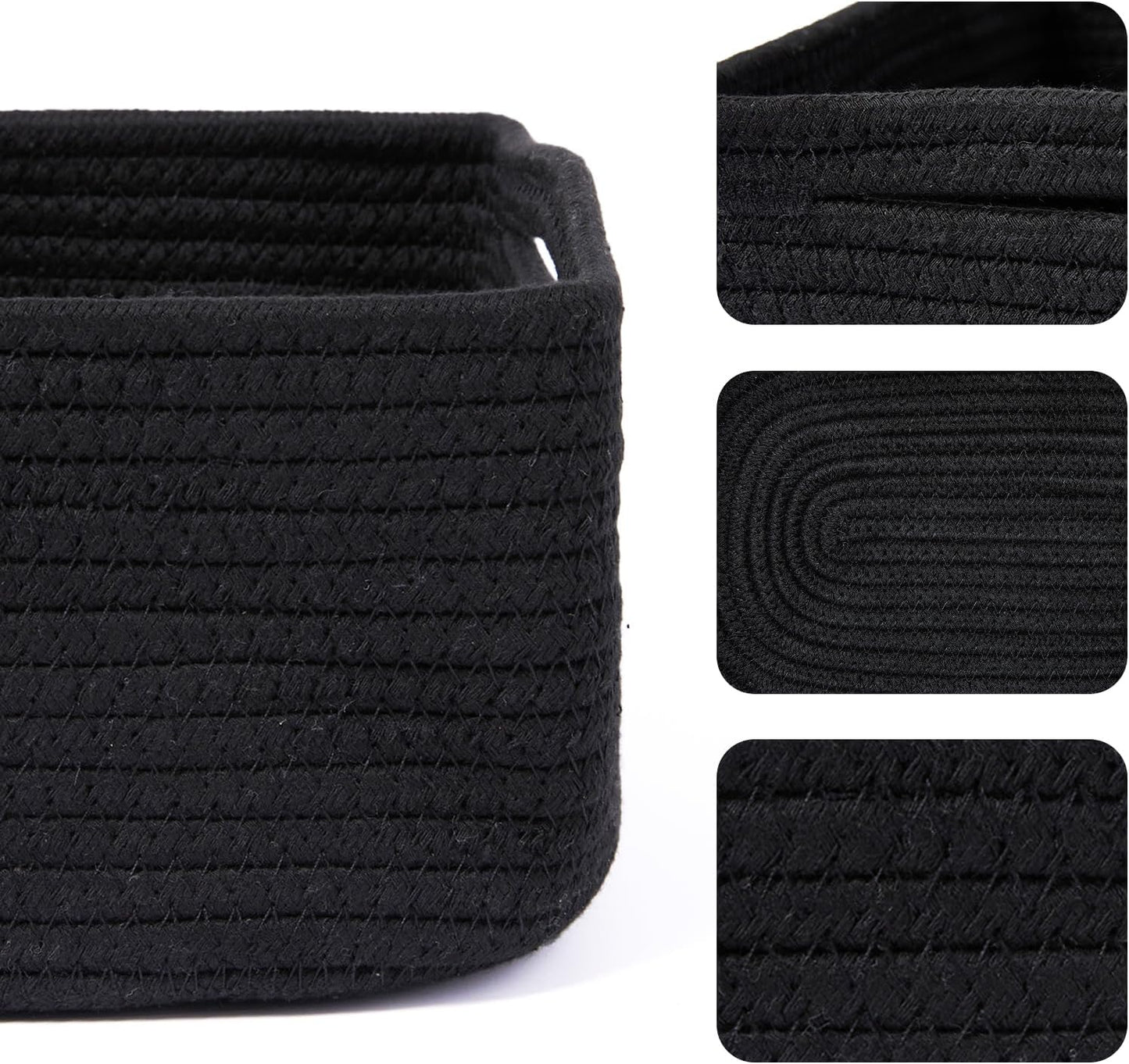 Small Storage Baskets for Organizing | Closet Organizer Bins | Shelf Toy Basket | Woven Rope Baskets | Cube Decorative Box | Shallow Basket | 13x8.5x5.1” | 4 Packs Black