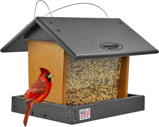 Poly Hanging Hopper Bird Feeder, Large Hanging Bird Feeder for Outside, Outdoors - Amish American Made (Black & Cedar)