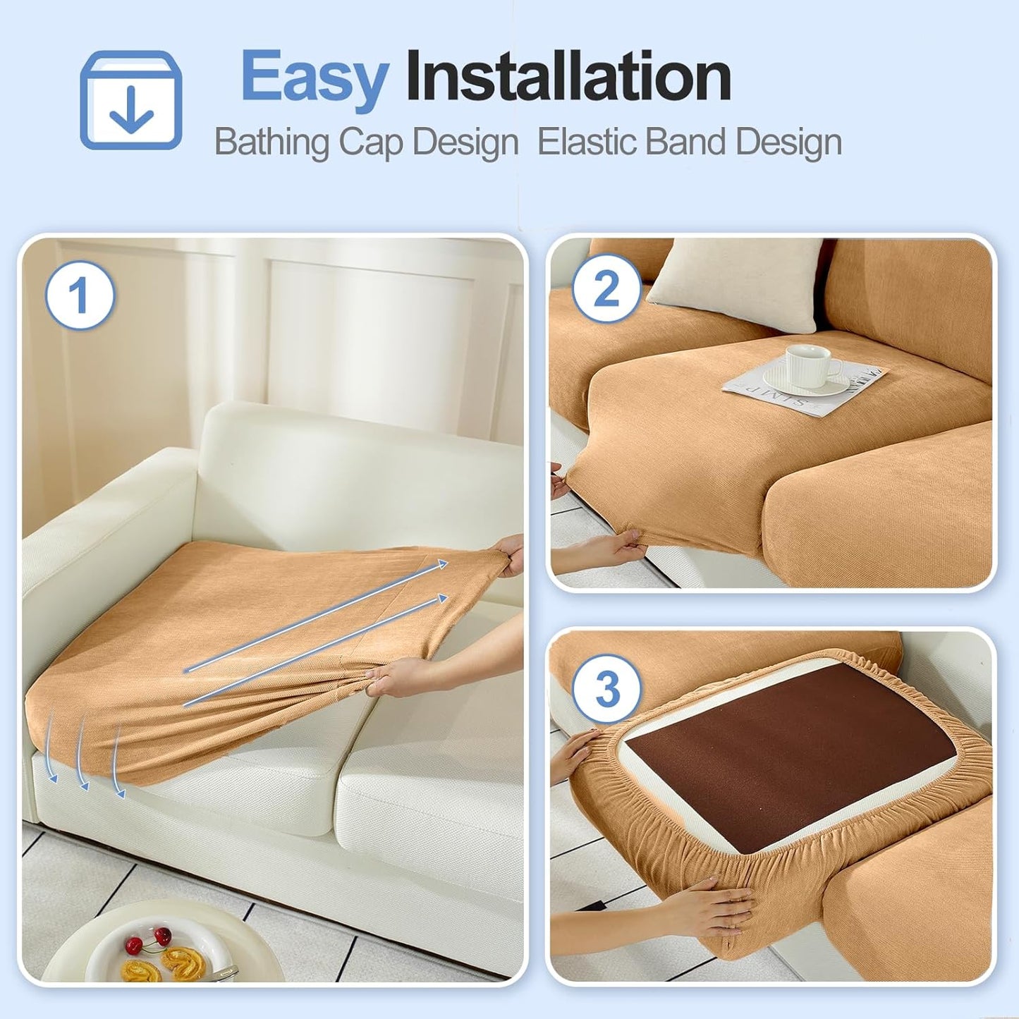 Large Backrest Cushion Covers Super Stretch Backrest Covers for 2 Cushion Couch Sofa, Couch Back Cushion Covers Featuring with Chenille Yarn (Softer Version, 2PC, Khaki)