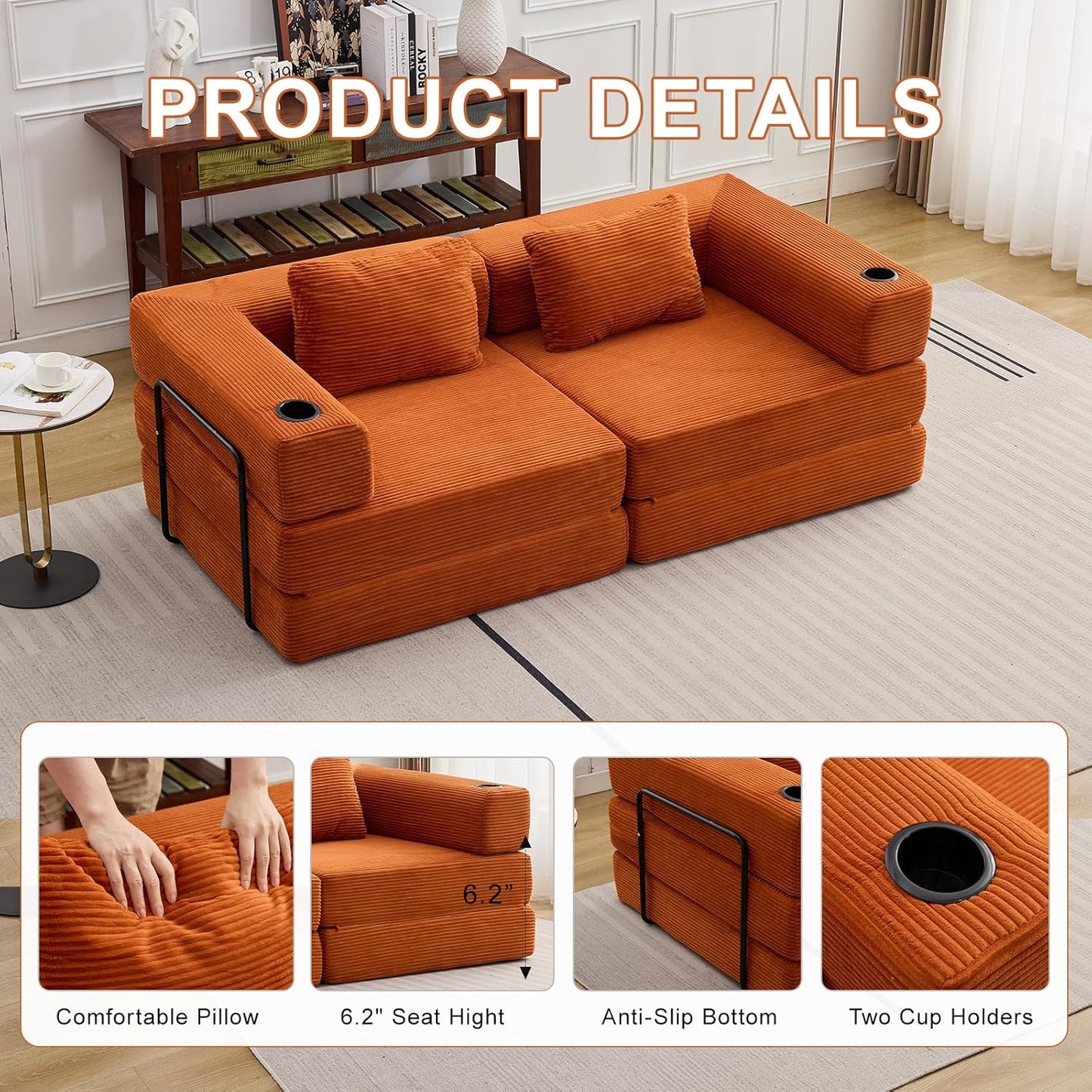 78" W Loveseat Sofa, 4 in 1 Convertible Floor Sofa Bed, Boneless Cloud Couch with Cup Holder, Fold Out Floor Couch, Loveseat Recliner Sleeper for Living Room Bedroom Lounge(Corduroy, White)