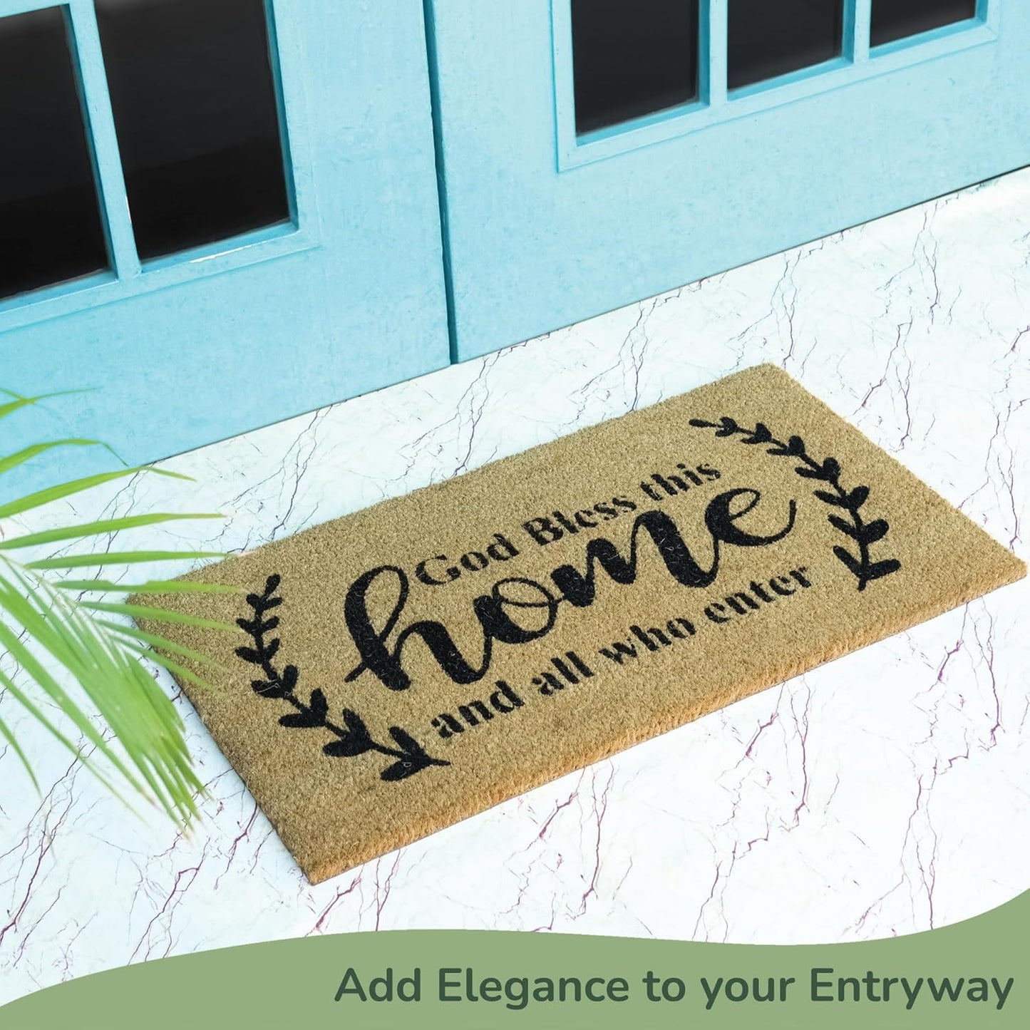 Welcome Doormats, Natural Coco Coir Mats with Non-Slip PVC Backing, Indoor Outdoor Mats for Home & Office, Mats for Door with God Bless This Home Print, Beige & Black, 30"x17"