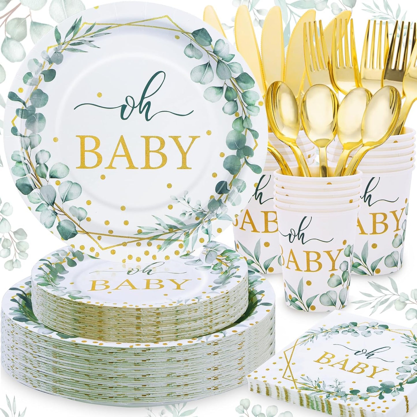 168 PCS Sage Green Baby Shower Decorations Neutral, Baby Shower Plates and Cups and Napkins Sets Serves 24, Oh Baby Plates for Boy, Gender Reveal, Green and Gold Plant Eucalyptus Boho