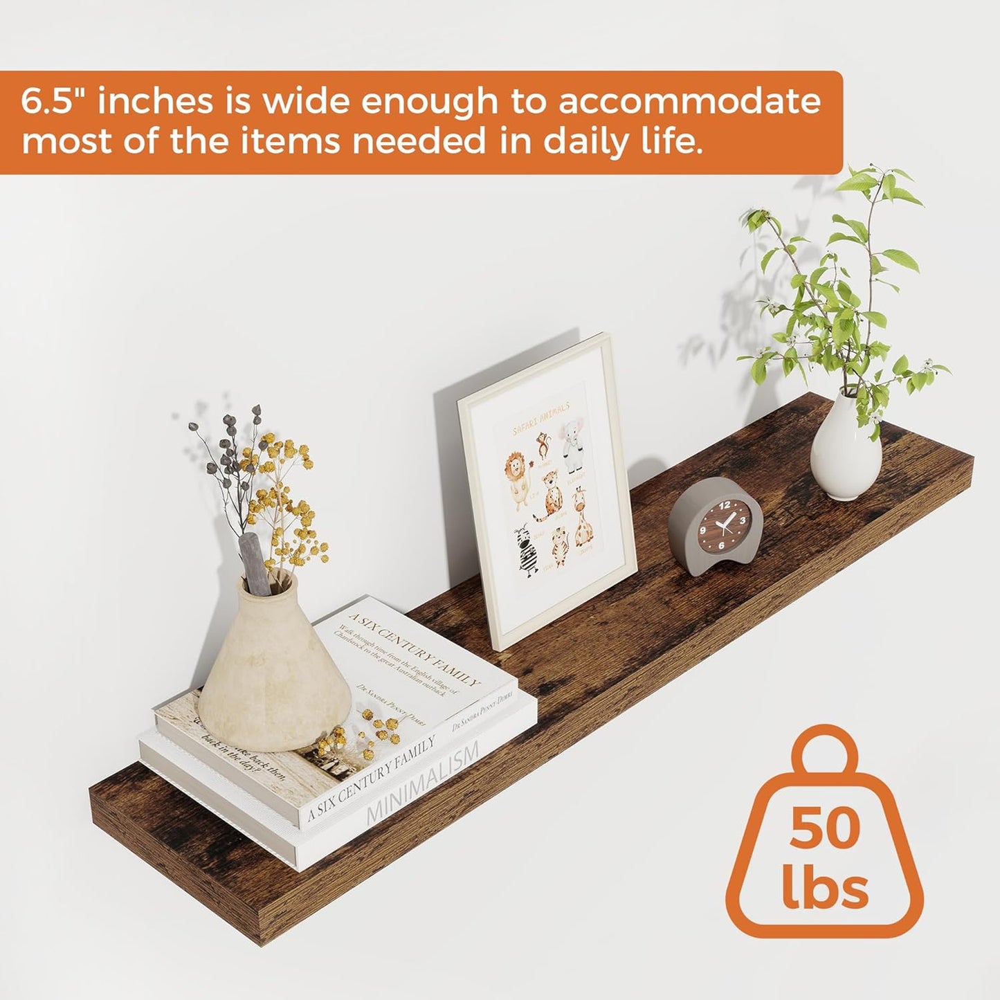 Fun Memories Floating Shelves for Wall, 30" Rustic Wood Deep Wall Mounted Shelves with Invisible Brackets for Decor & Storage, Floating Shelf for Living Room, Bathroom (Rustic Brown, Set of 2)