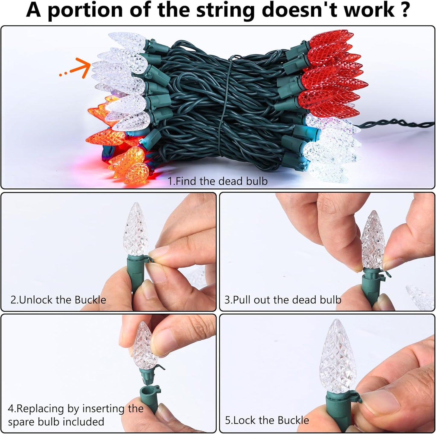 Brizled Red & White C5 Christmas Lights, 33ft 100 LED Christmas tree Lights, Connectable 120V UL Certified Faceted Christmas Lights Outdoor Indoor Xmas Lights for Christmas Tree Party Roof Decoration