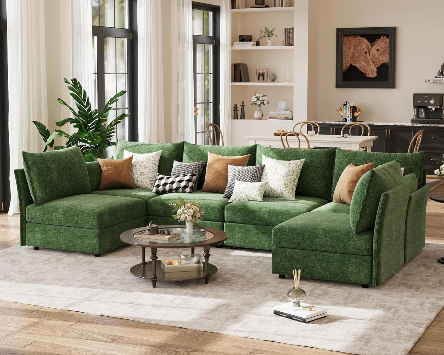 134.6" Oversized Modular Sectional Sofa, Large 6 Seater U Shaped Couch Deep Seat for Living Room, Apartment - Chenille Green