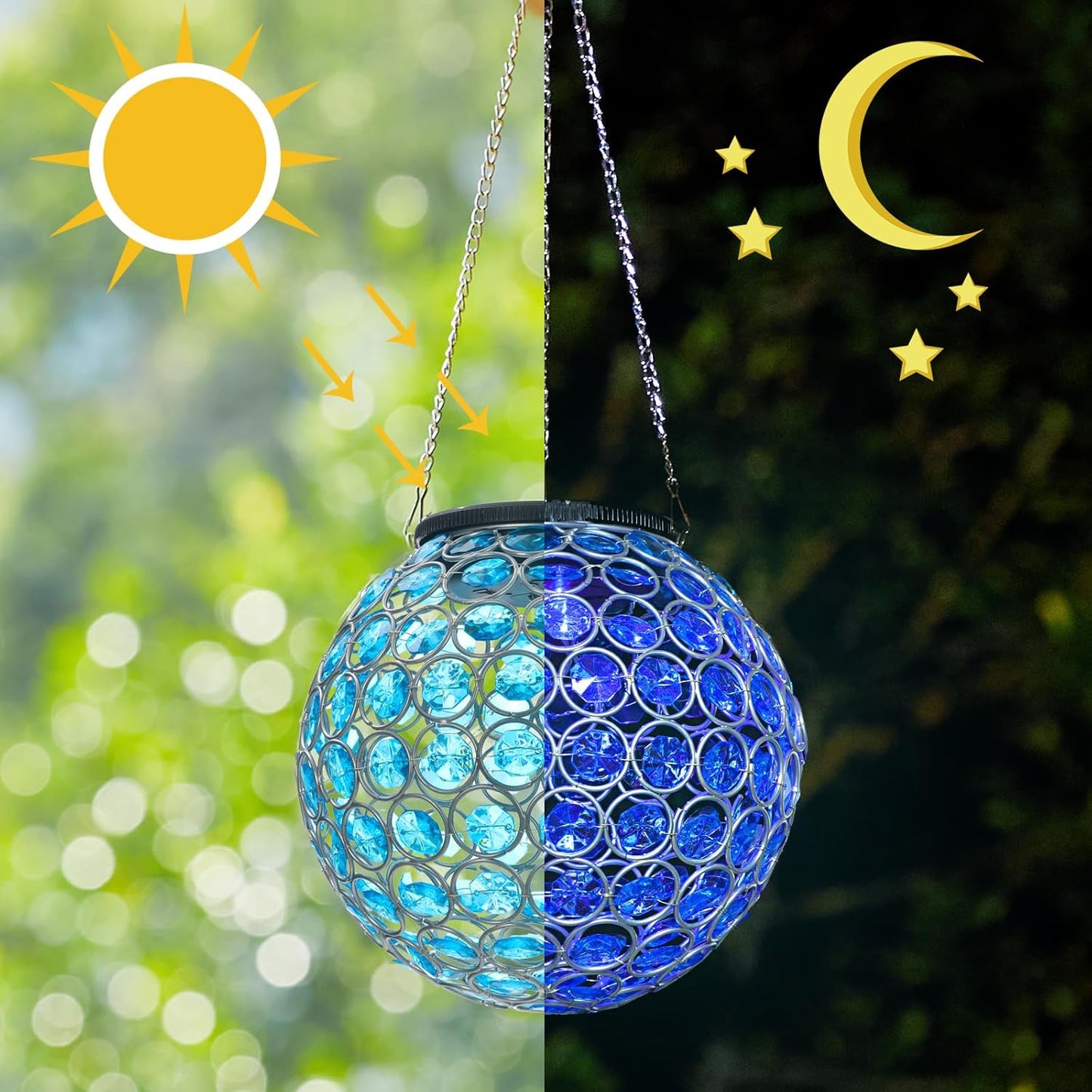 Solar Lantern Hanging Outdoor Christmas Decorative, Dual LEDs Color Changing and Blue Crystal Globe Lamp Hanging Light Waterproof with S Hook Decor in Garden, Pathway, Front Door- Blue
