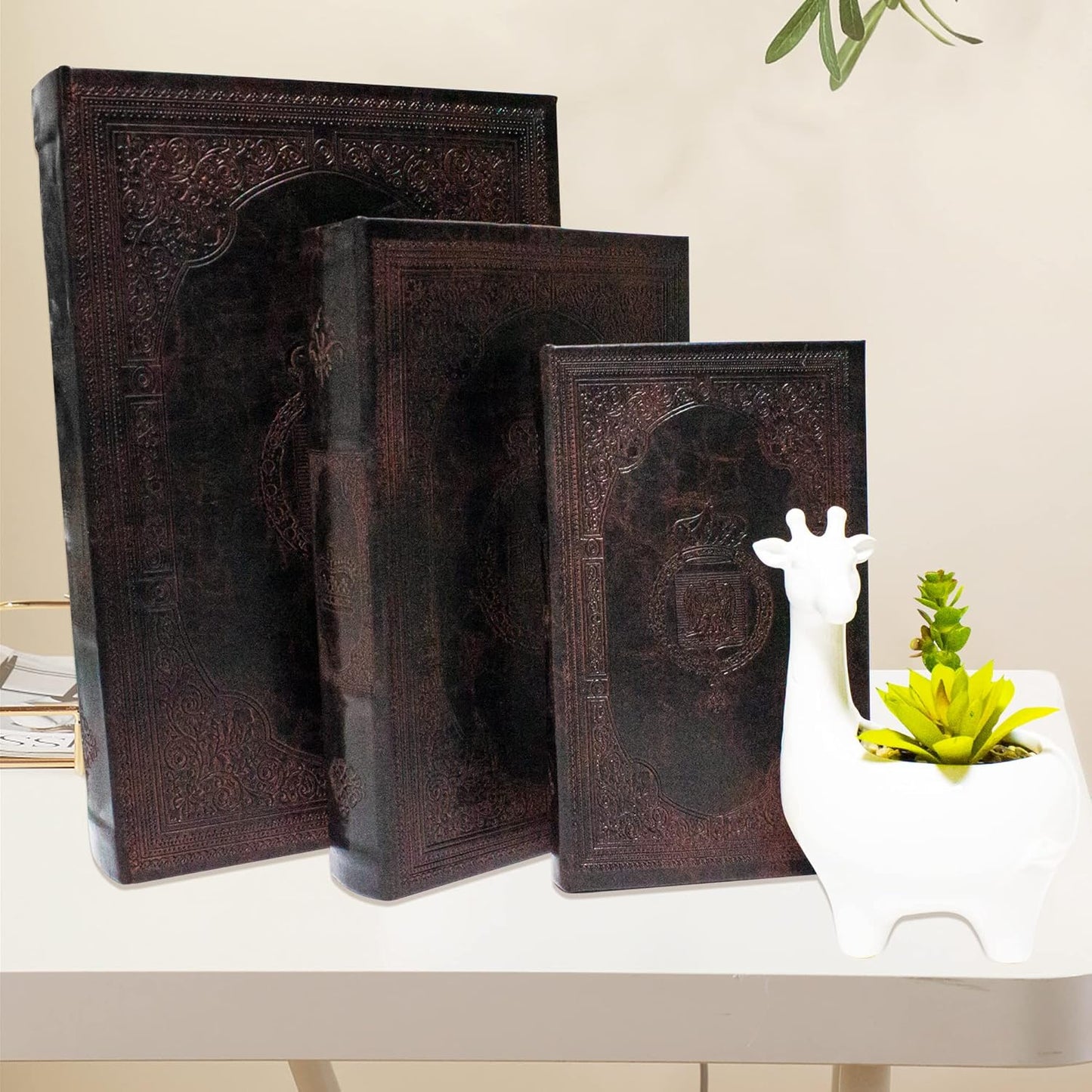 Decorative Book Box Set of 3,Vintage Style Book Shaped Storage Box,Leather Decorative Wooden Trinket Jewelry Books Boxes with Antique Embossed Pattern,Mother's Day/Graduation /Birthday Gift Idea