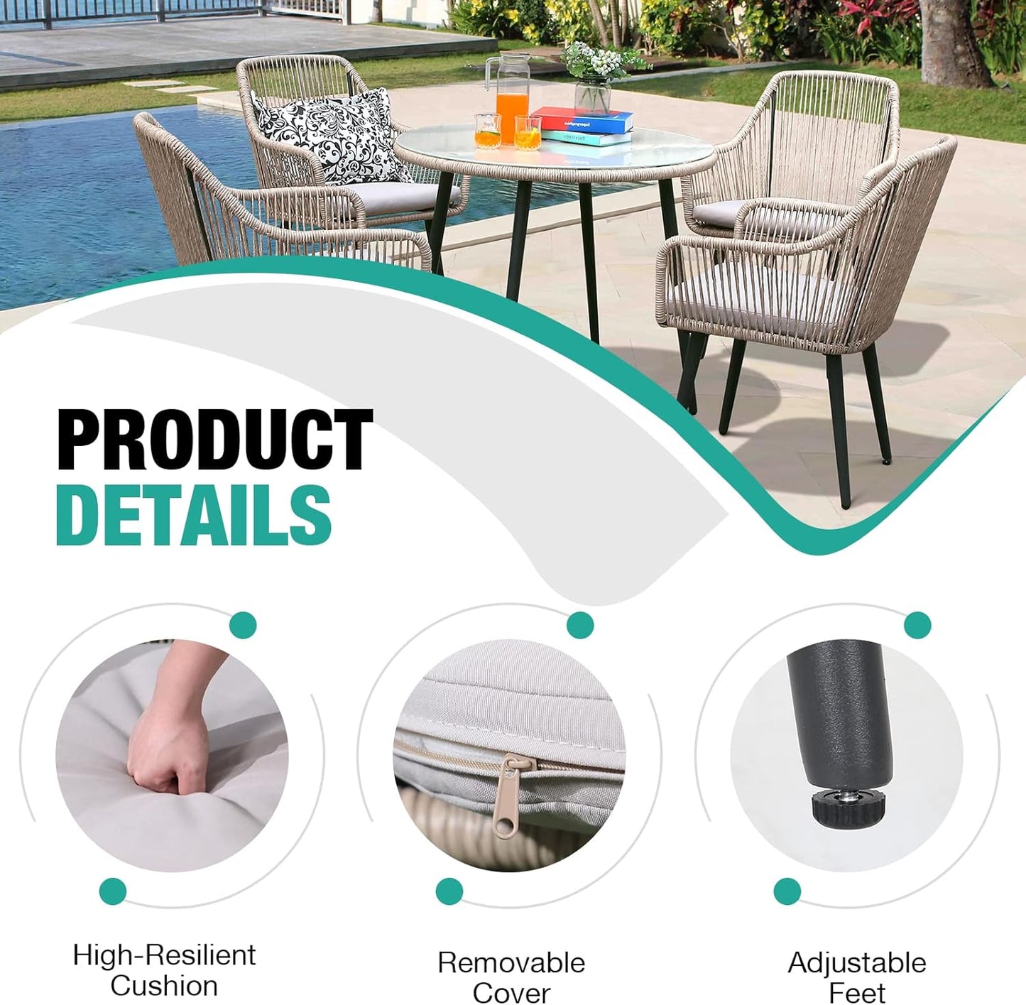 Patiorama Outdoor Dining Chairs, Patio Dining Chair Set of 6, All-Weather Woven Rope Rattan Chairs, Outdoor Dining Wicker Chairs with Armrests for Indoor Balcony Pool Backyard(Tan)