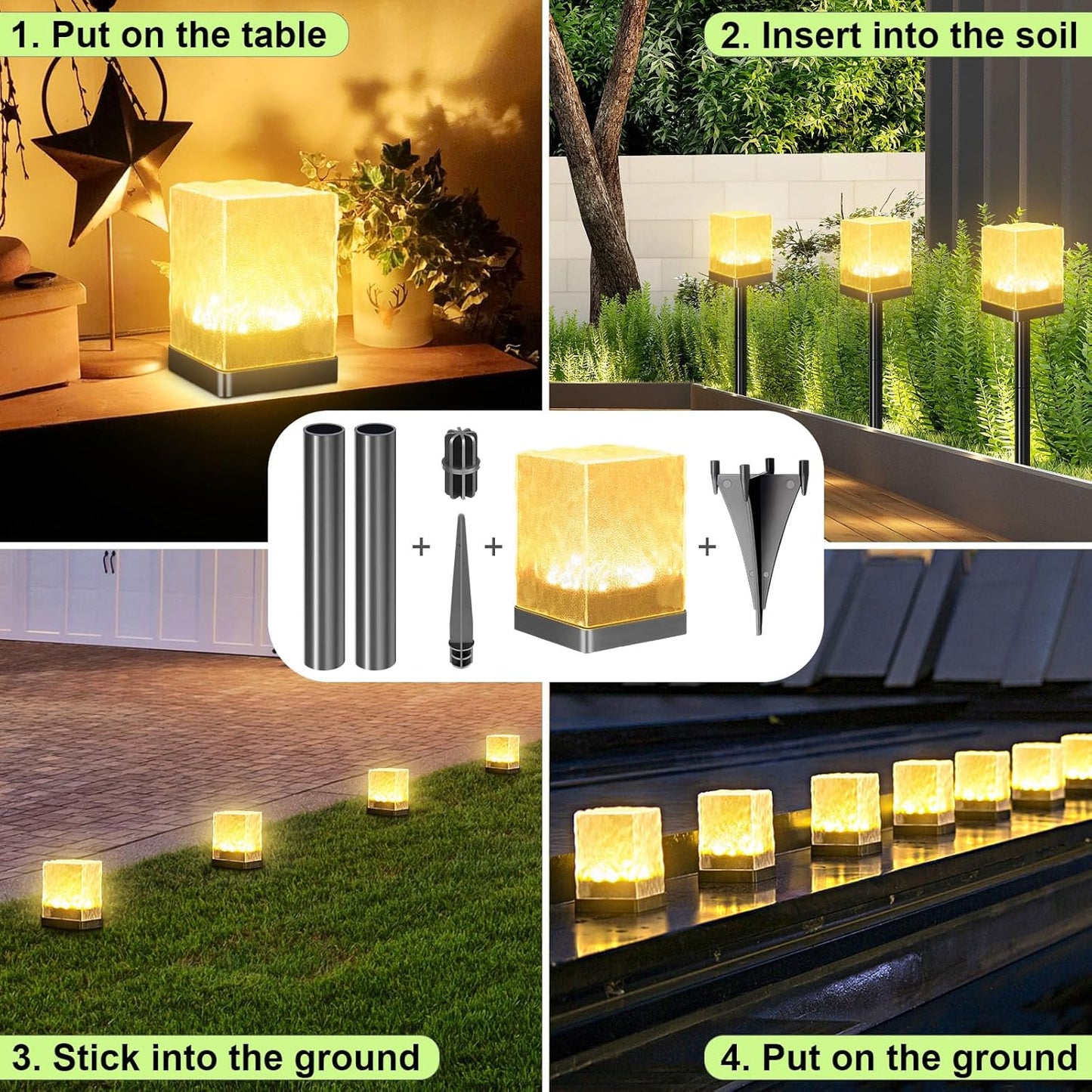 4 Pack Solar Pathway Lights Outdoor, Waterproof Ground Light Featuring Crystal-Clear Ice Brick Aesthetic, Multi-use Landscape Decoration Lighting Solar Powered Garden Lawn Lamp (Warm White)