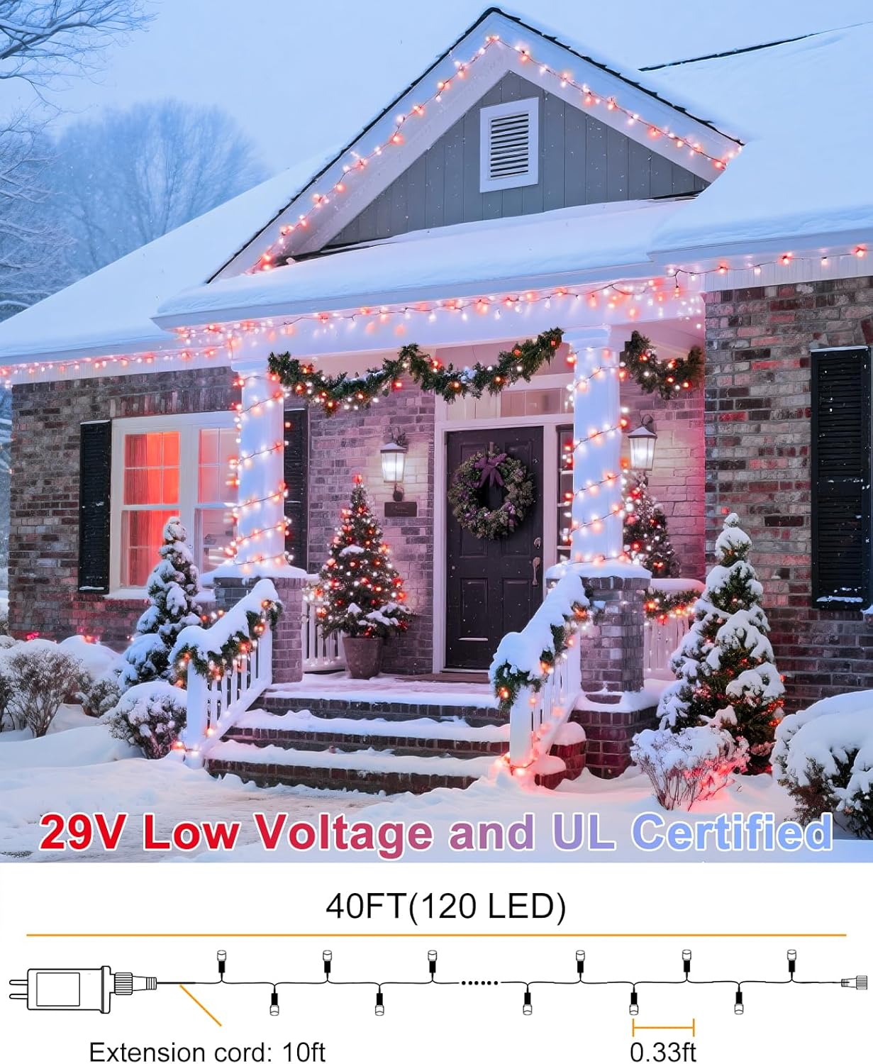 Christmas Lights Outdoor 40FT 120 LED, Green Wire Christmas Tree Lights Waterproof, 8 Modes & Timer, Connectable String Light for Indoor Bedroom Yard Patio Party Xmas Decorations, Red White