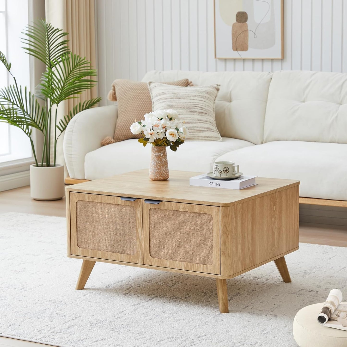 AVZEAR Wood Lift Top Coffee Table with Storage, Boho Modern Coffee Table with Nature Linen Doors & Large Hidden Storage, Rounded Corners Center Table Farmhouse Coffee Tables for Living Room, Natural