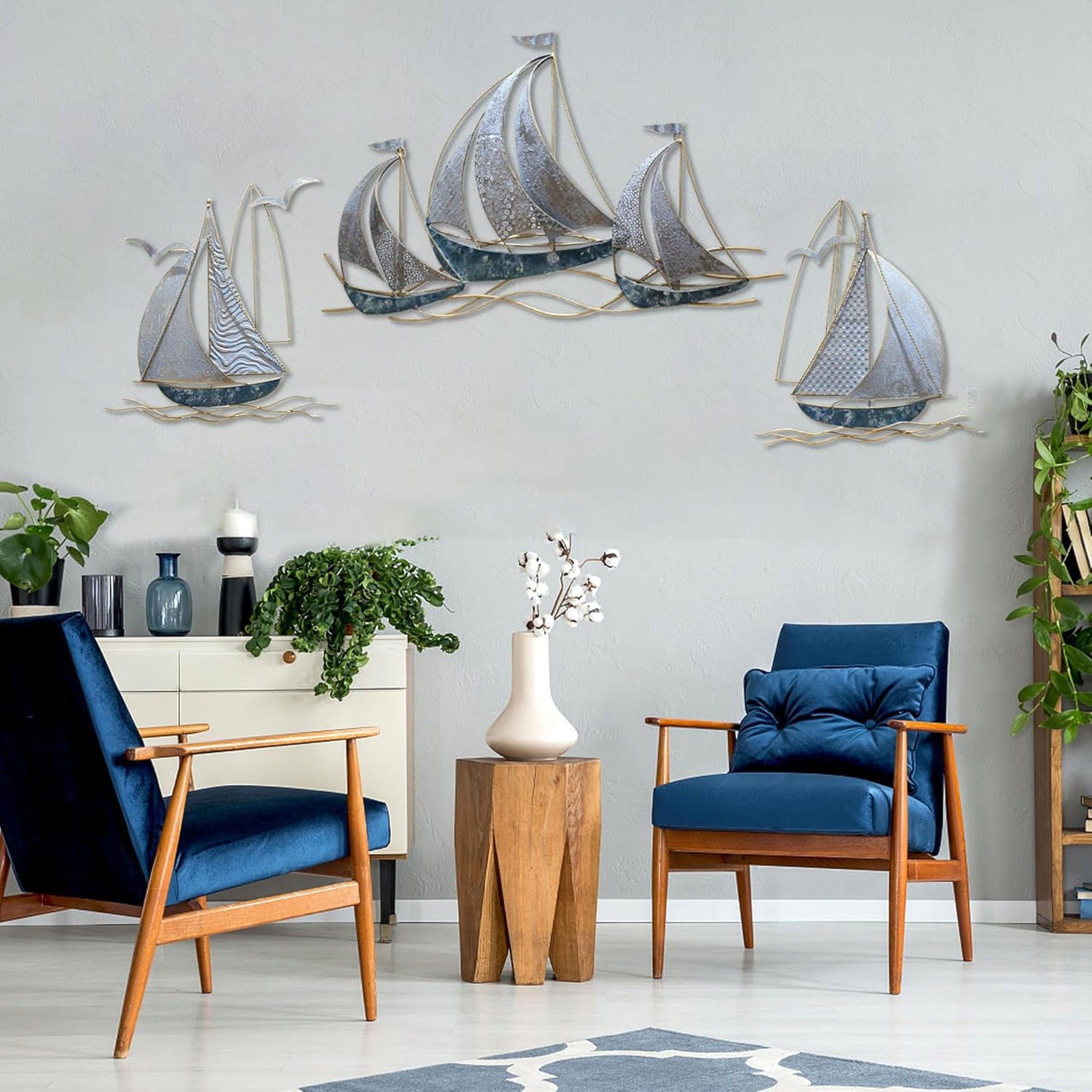 Metal Geometric Round Wall Art Abstract Metal Wall Decor for Living Room, 3d Modern Orange Circle Large Wall Art Circular Wall Decor Hanging Wall Sculptures Artwork for Outdoor Bedroom (Sailboat)