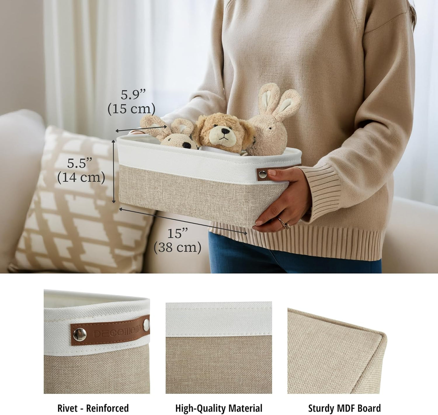 DECOMOMO Narrow Storage Bins Small Baskets for Organizing Bathroom, Toilet Tank, Towel Storage, Entryway, Gifts (Beige and White - Set of 4)