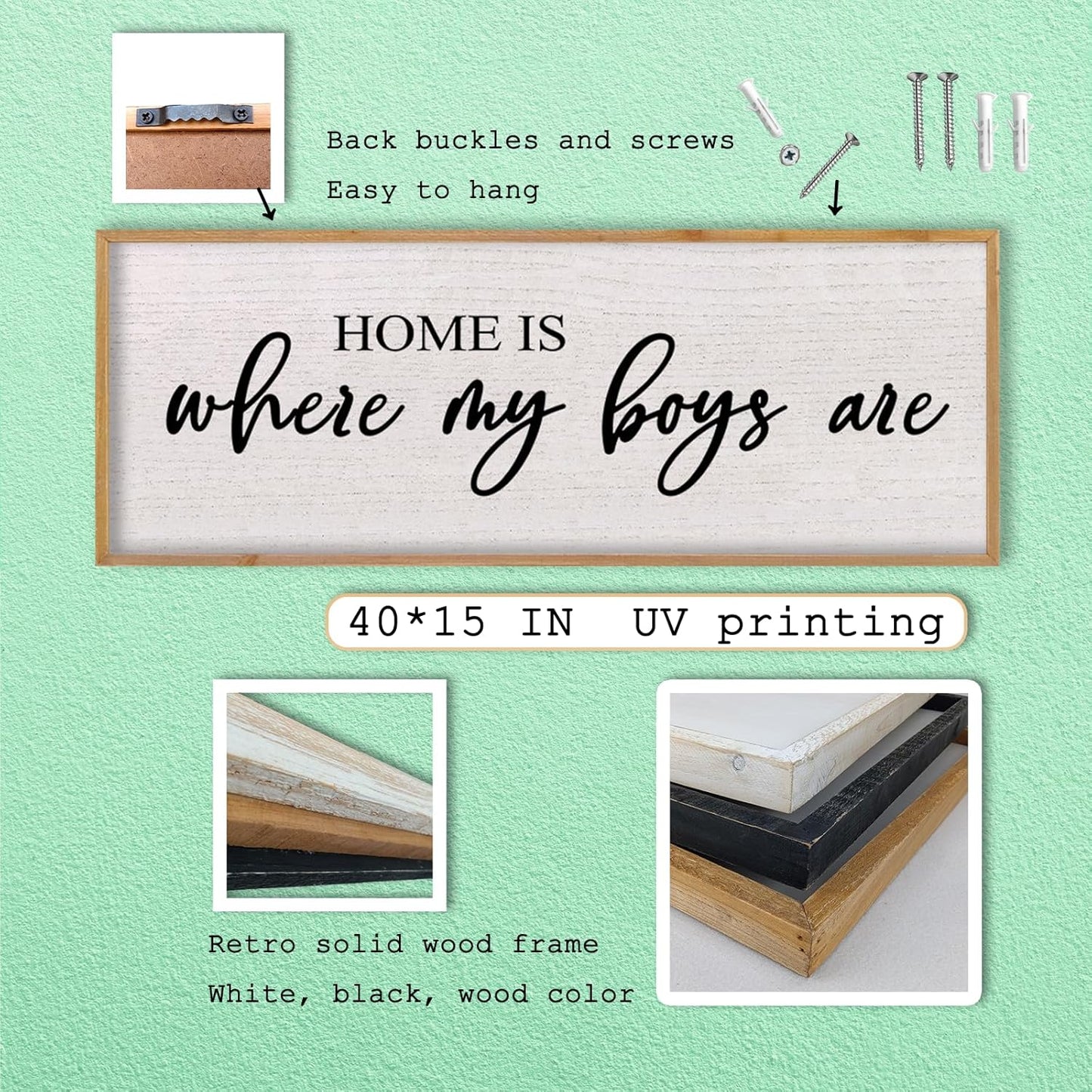 Home Is Where My Boys Are Wall Decor 40"×15" mom and her boys Sign for boys room Playroom Large Wood Framed Wall Hanging Art (Wood)