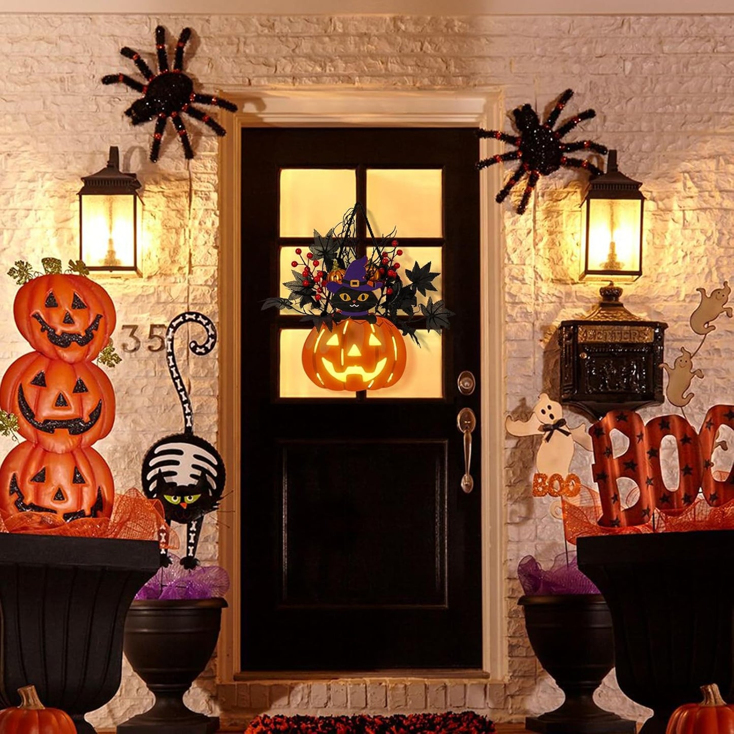 Halloween Pumpkin Decorations, Lighted Jack-O-Lantern with Maple Leaves Berries Black Cat, Halloween Door Sign Wood Pumpkin Lights for Front Door Indoor Outdoor Yard Party Cartoon Hanger Decor