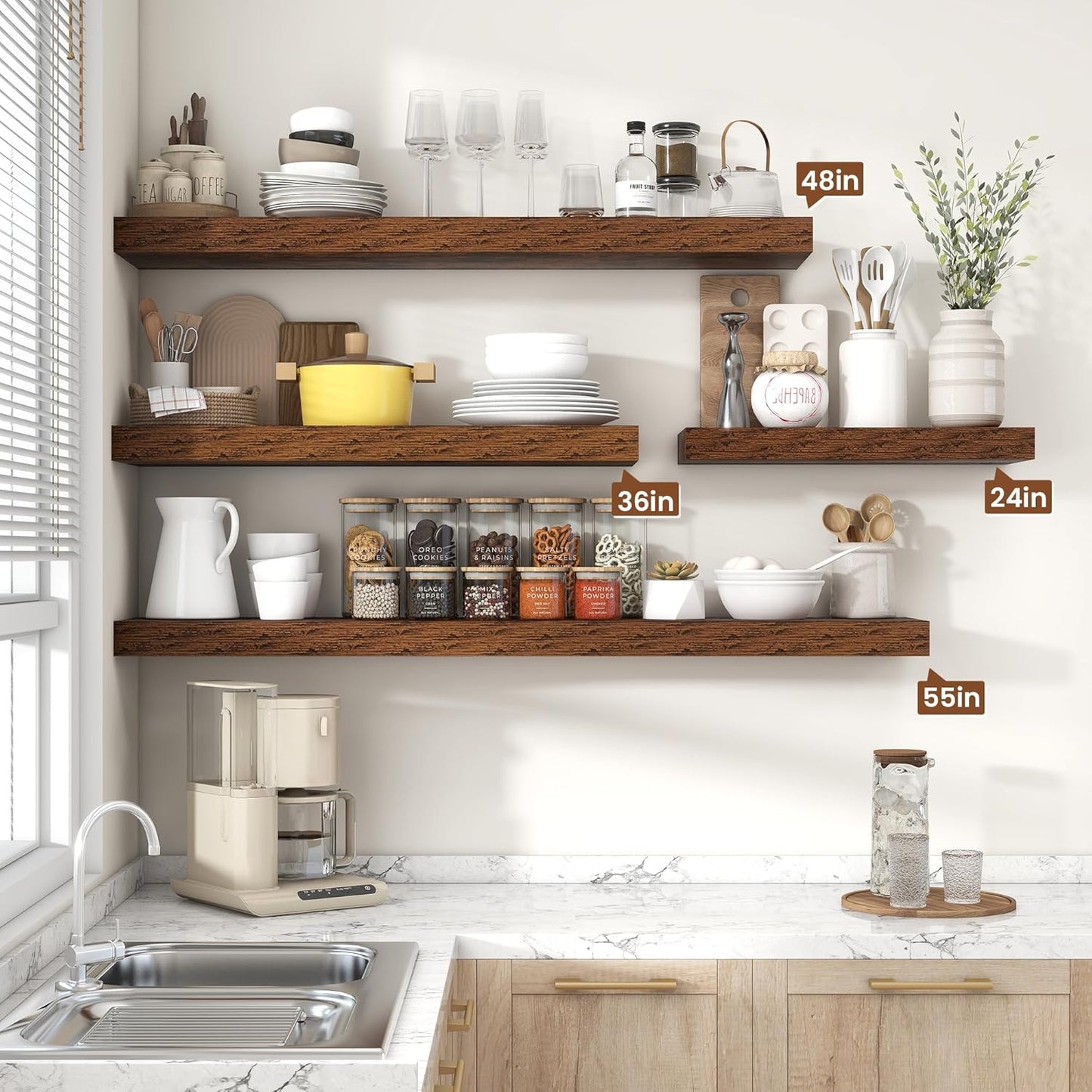 Heimlove 48" Floating Shelves for Wall,10 Deep Rustic Brown Wood Display & Storage Wall Shelves with Heavy Duty Brackets for Bathroom,Bedroom,Kitchen,Living Room,Office,Set of 2