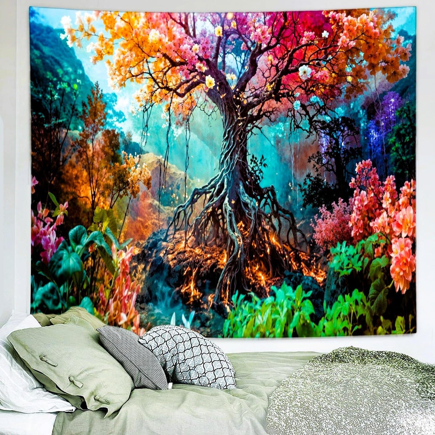 Delur Forest Tapestry Tree of Life Fantasy Tropical Rainforest Tapestry Wall Hanging Colorful Nature Mystical Landscape Psychedelic Spiritual Headboard for Bedroom Living Room Home Decor (59.1" x 78.7")
