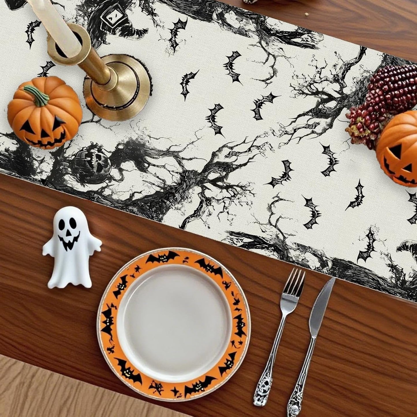 GPGHE Halloween Table Runner Black Ghost Holiday Burlap Table Decoration Indoor Outdoor Home Decor Party Supply 13 x 60 Inch
