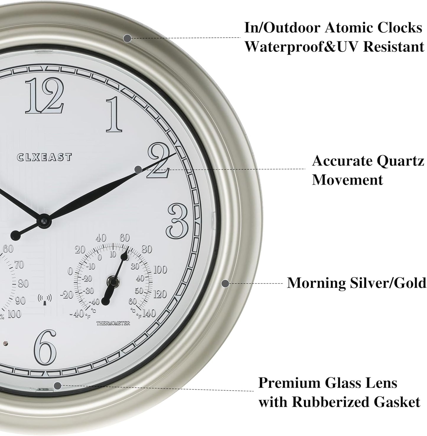 CLXEAST 18 Inch Illuminated Outdoor Indoor Atomic Analog Wall Clock with Temperature & Humidity Combo, Lighted Outdoor Clocks for Patio Large Waterproof with Thermometer, Modern Morning Silver/Gold
