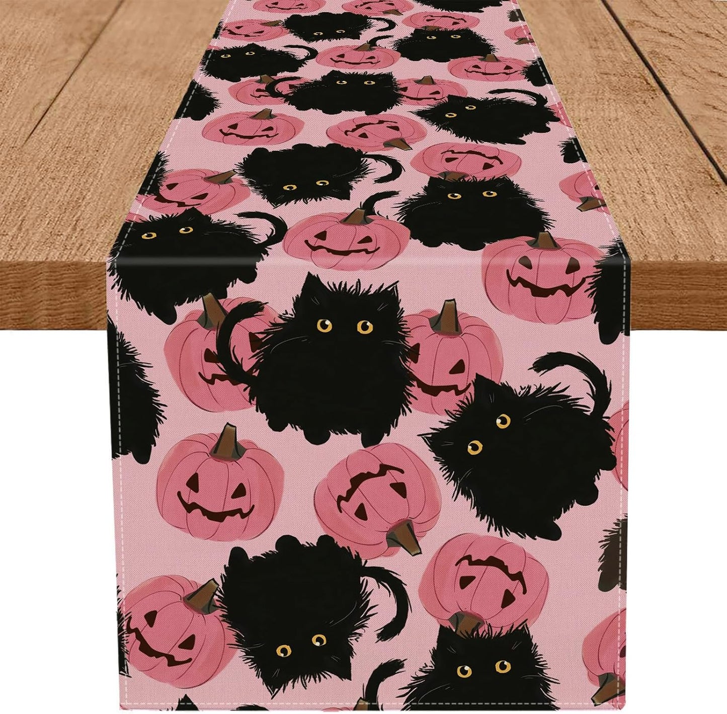 Halloween Table Runner Black Cat Pink Pumpkins Seasonal Kitchen Dining Table Home Outdoor Party Decorations 13x60 Inch
