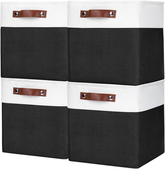 Collapsible Fabric Storage Cubes 11x11 Cube Storage Bins, 4 Pack Closet Baskets Box with Handles for Organizing, Shelf, Toys, Clothes, Home, Office, Nursery (Black&White)