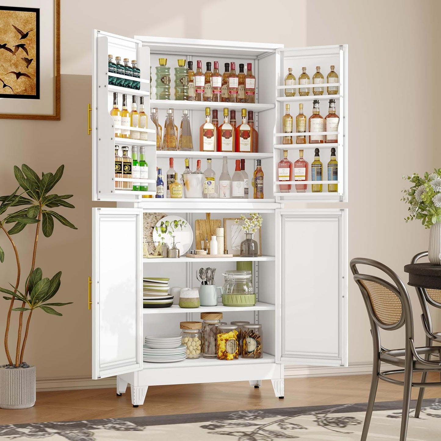 74.8" Tall Metal Food Cabinet, White Kitchen Pantry Cabinet, Storage Cabinets with 4 Door and 4 Adjustable Shelves, Steel Freestanding Cupboard for Kitchen Dining Room Living Room Bathroom