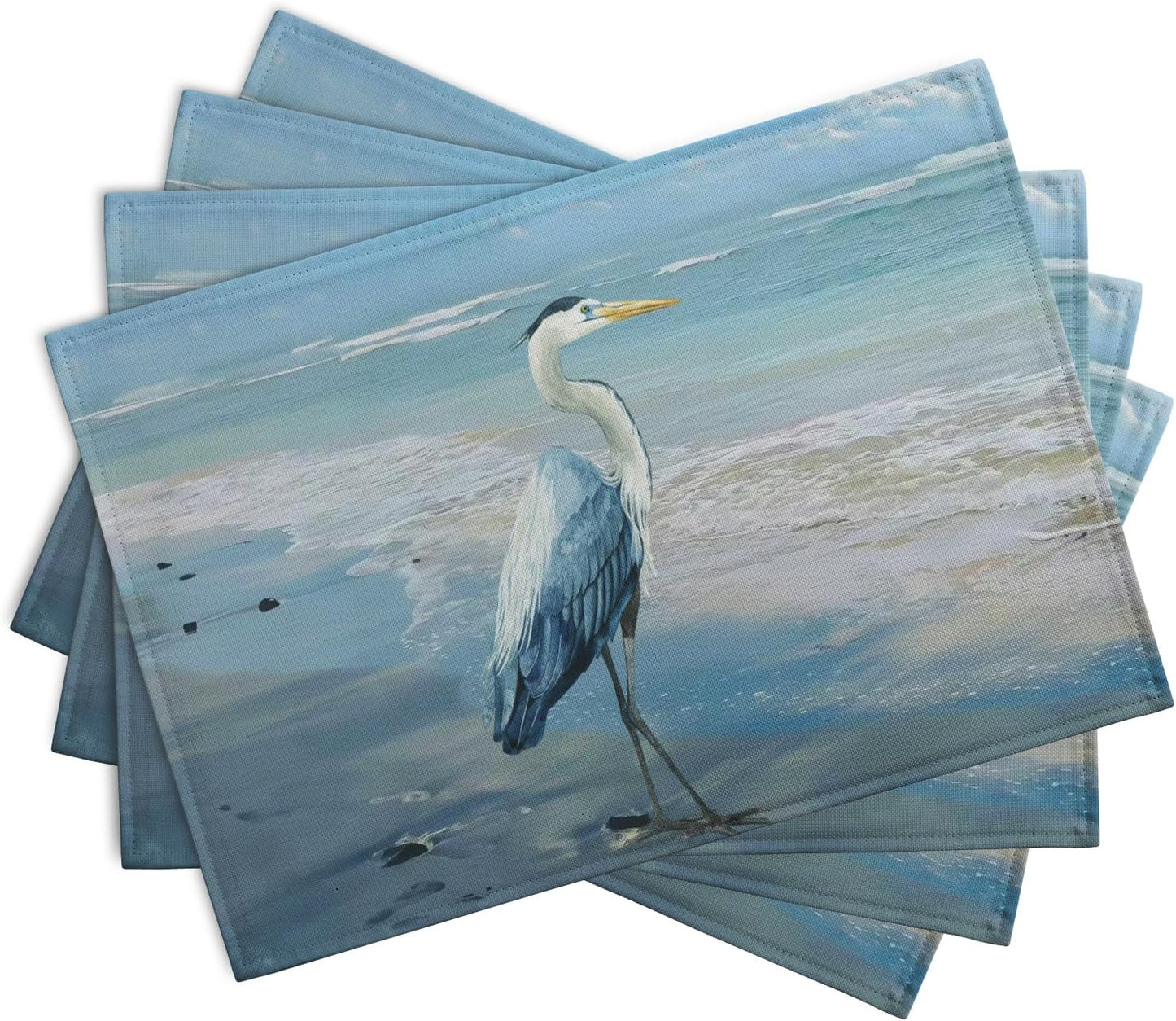 Blue Heron Placemats Set of 4 Summer Coastal Beach Pelican Placement Mats for Dining Table Nautical Ocean Bird Pattern Washable Non-Slip Heat-Resistant Linen Place Mats
