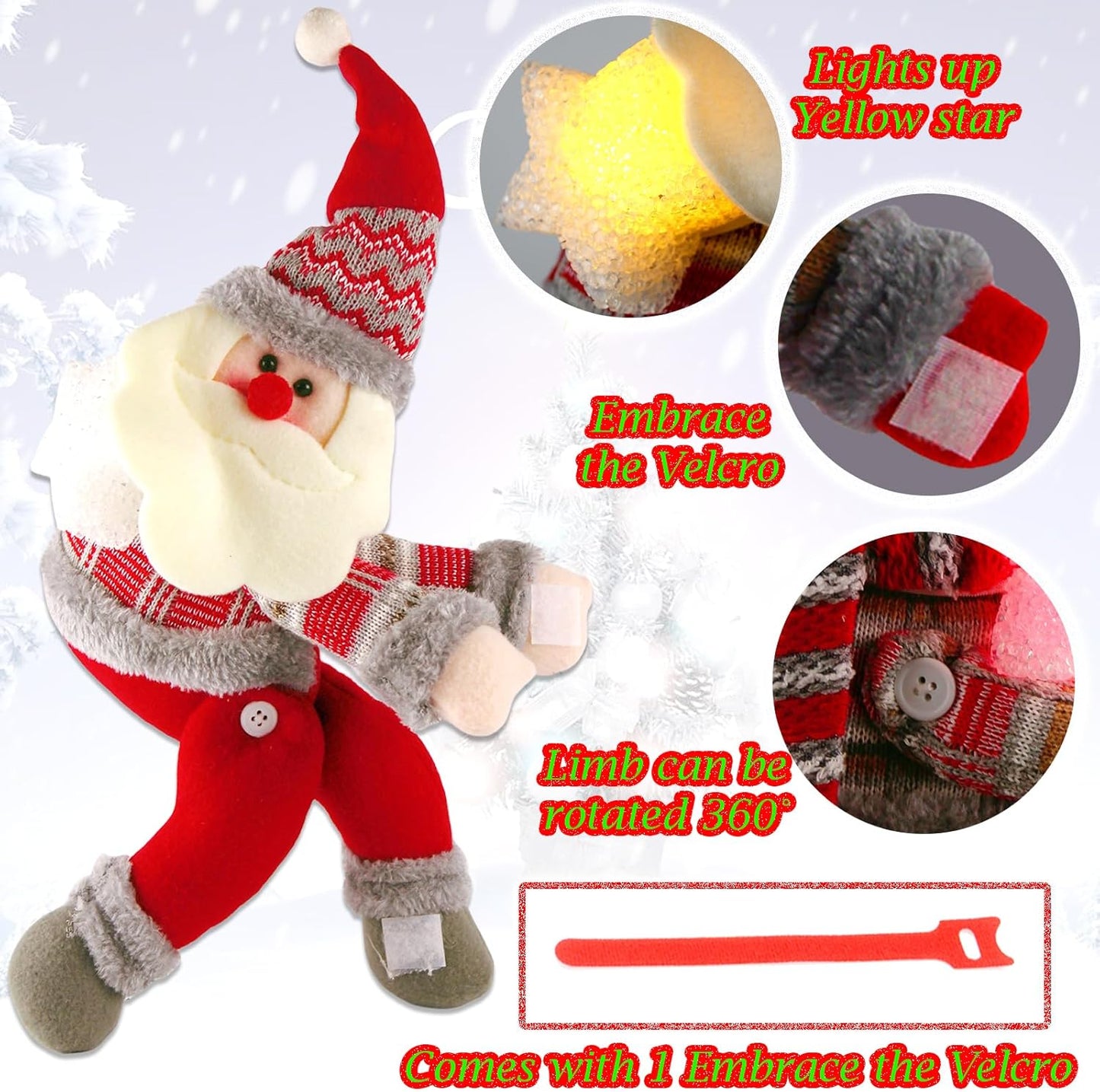 Christmas Plush Santa Claus Tree Topper with Light-up Yellow Star,Xmas Treetop Ornament-Also Be Used As Home Curtain Tie and Hugger Wine Bottle Party Decorations