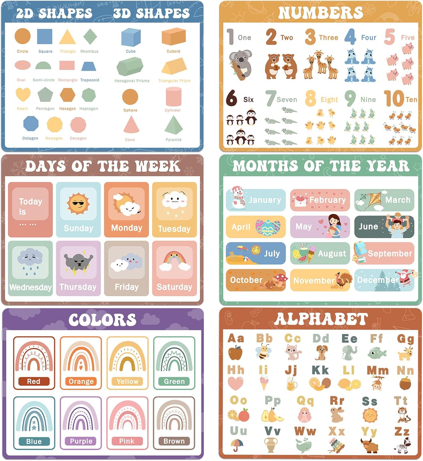 Educational Preschool Placemats for Kids Set of 6 Boho Toddler Plastic Placemat Reusable Washable Children Montessori Eat Table Mat for Homeschool Nursery Kindergarten Classroom Dining Table