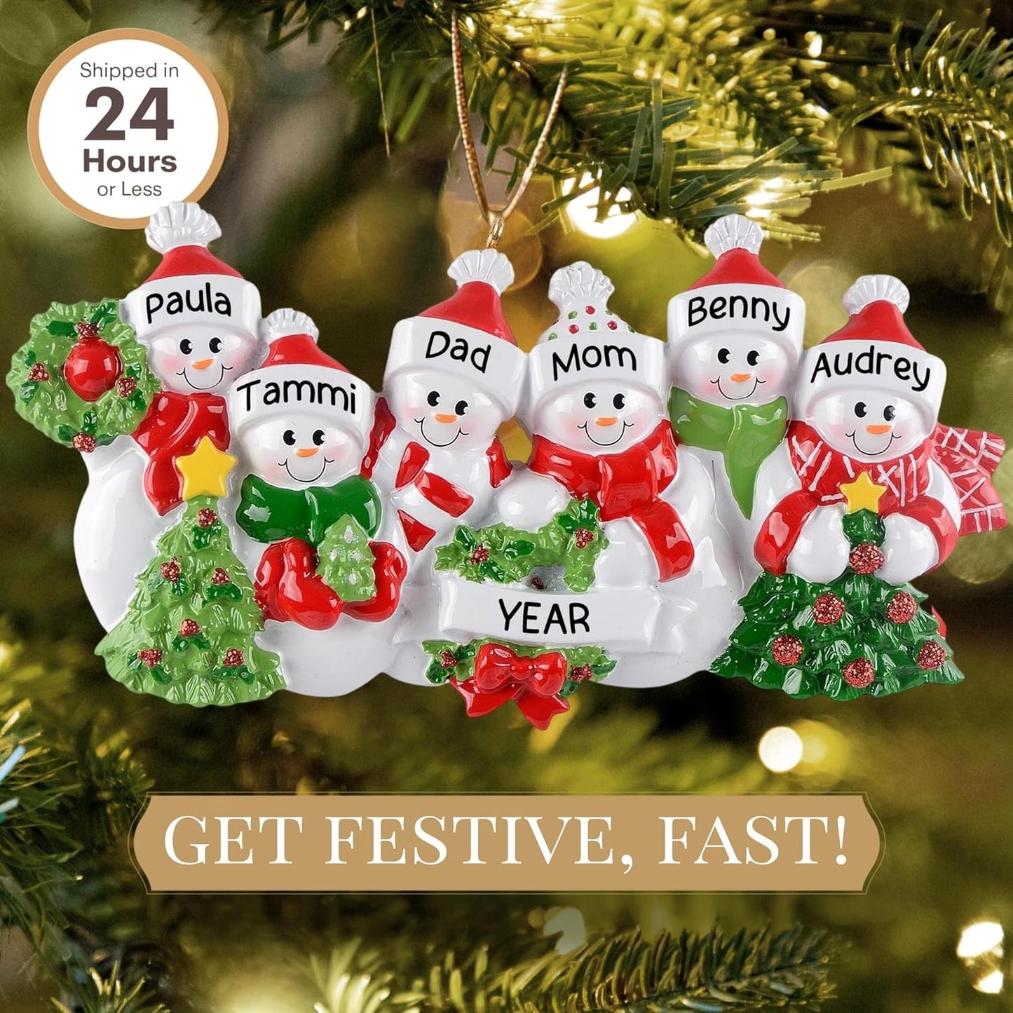Personalized Family of 6 Ornament 2025 | Free 24h Customization | Laser Engraved Snowman Christmas Ornaments for Tree | Custom Gift Wrapped Festive Holiday Keepsake for Six Persons