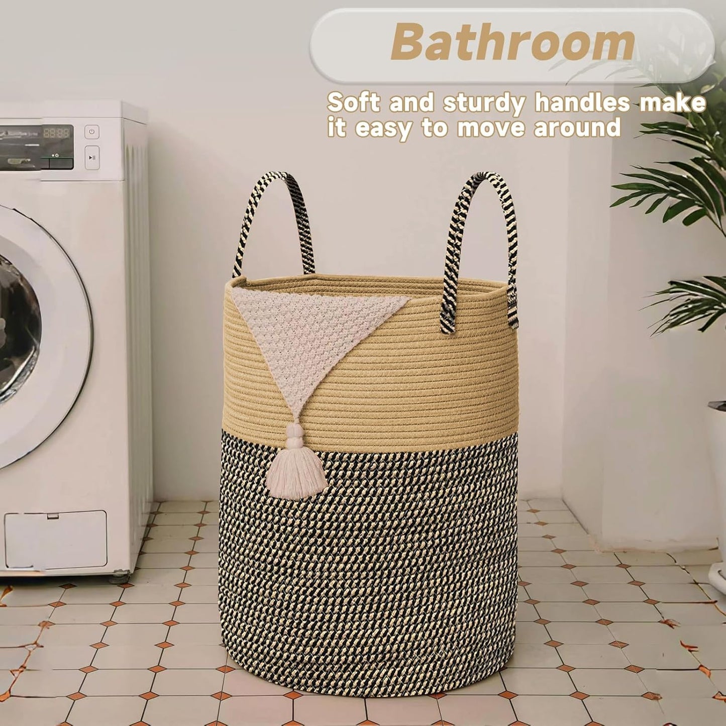 Large Woven Laundry Basket Hamper,80L Cotton Rope Storage Bin for Blankets,Toys and Clothes,Decorative Tall Nursery Hamper for Living Room,Baby Nursery,Bathroom and Bedroom,Brown and Black