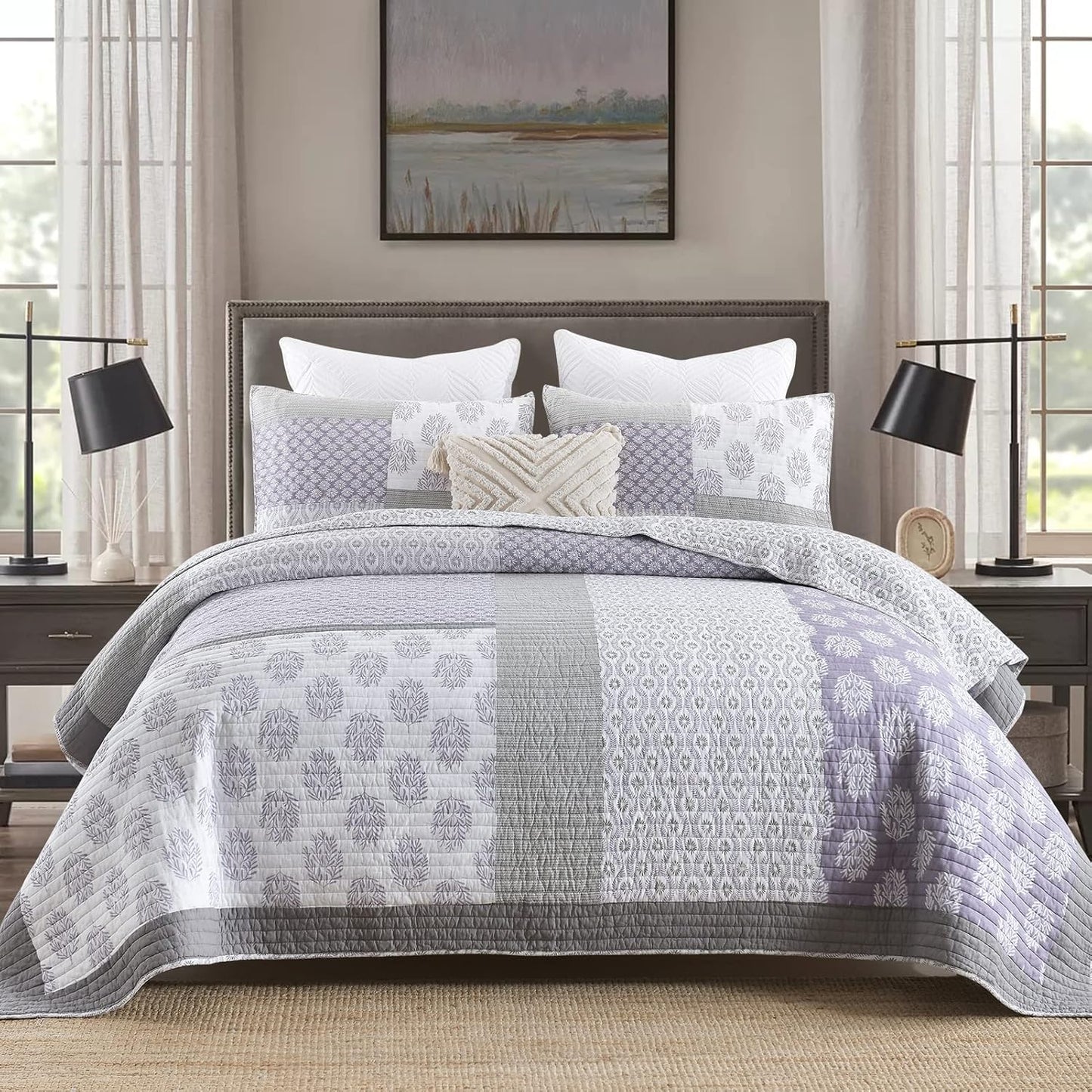 PANGUSHAN Quilt Set Queen Size, 100% Cotton Bedspread Quilt Bedding Set, Patchwork Reversible Floral Quilt for Queen Bed, Purple/Grey/White Bed Spread, Lightweight Comforter for All Season, 3 Pieces
