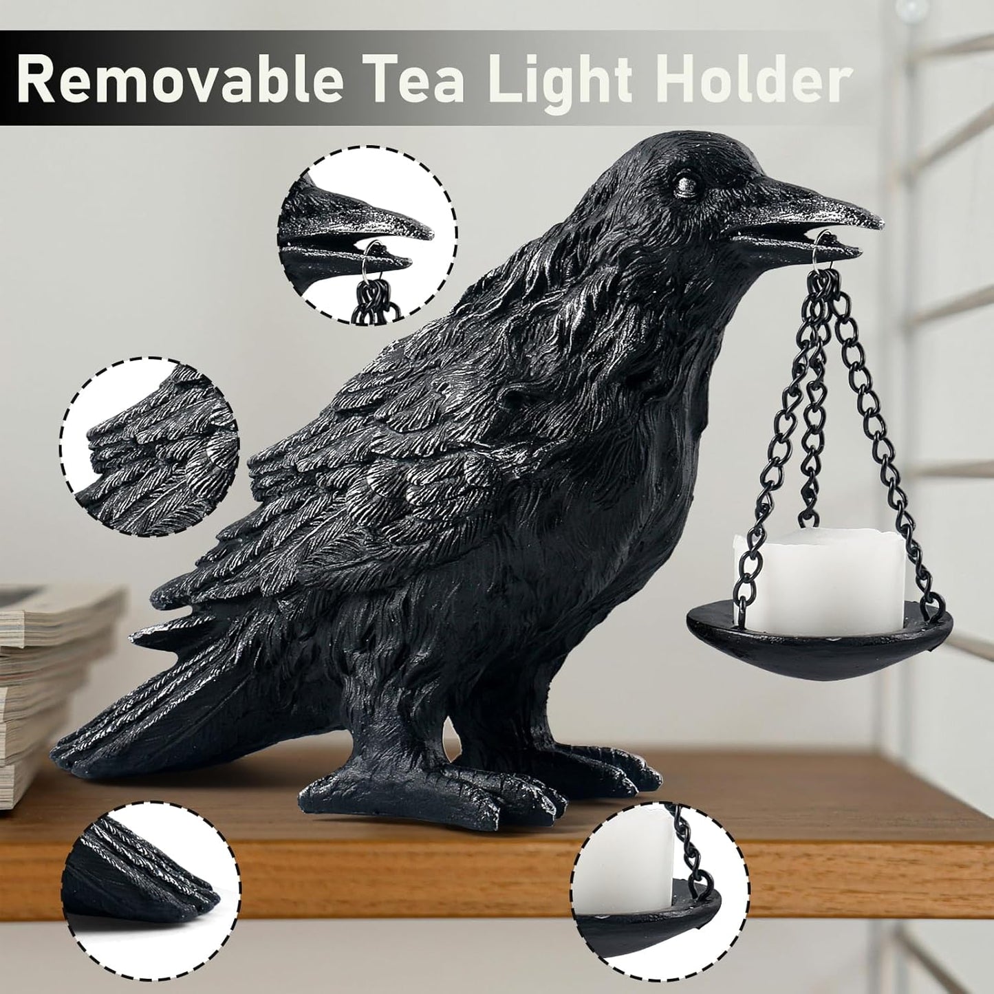 Raven Gothic Home Decor Fake Crow Light Holder Raven Lamp Tealight Candle Holder Resin Raven Statue Wearing Silver 2PCS