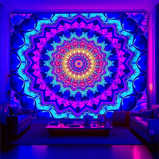 Blacklight Mandala Tapestry for Bedroom, Black Light Posters for Adults and Teens, Colorful UV Reactive Aesthetic Bohemian Wall Art Decor (90 x 70 Inches)
